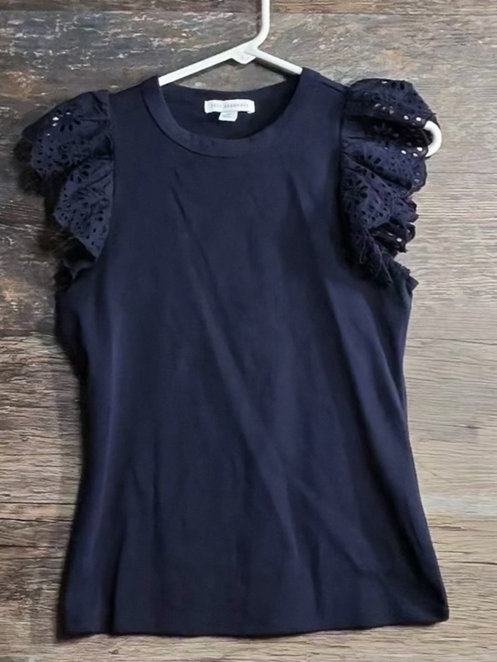 Free Assembly Navy Eyelet Flutter Sleeve Shell